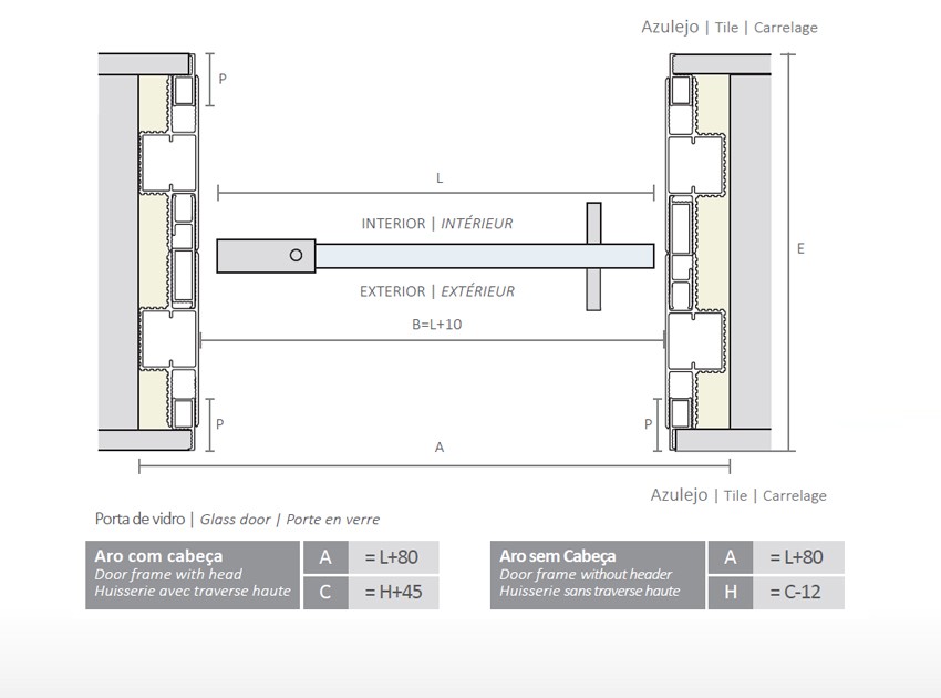 Aro DESIGN com extensão para porta pivotante de vidro GS DOORS – desenho técnico